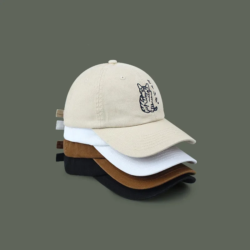 Japanese Retro Baseball Cap Women Ins Cute Cat Embroidered Soft Top Peaked Hat Spring and Summer Versatile Sunshade Men's Caps