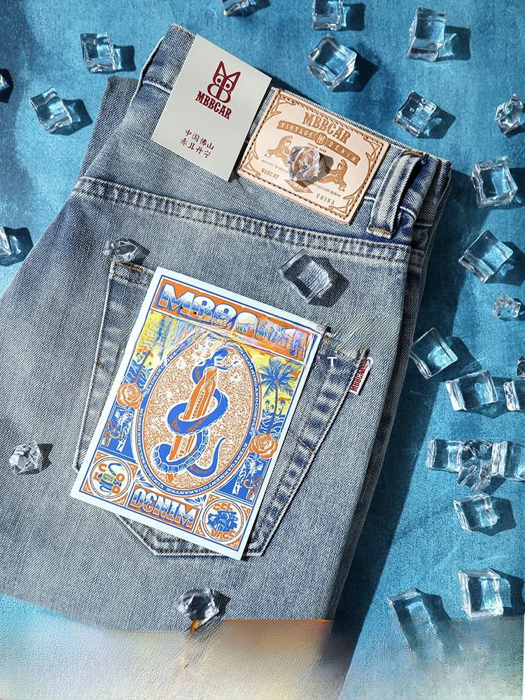 

Джинсы MBBCAR Slim Ice Series Blue Washed 6OZ с охлаждающим эффектом, красной окантовкой, из денима, слегка эластичные, прямого кроя, молодежные, модные