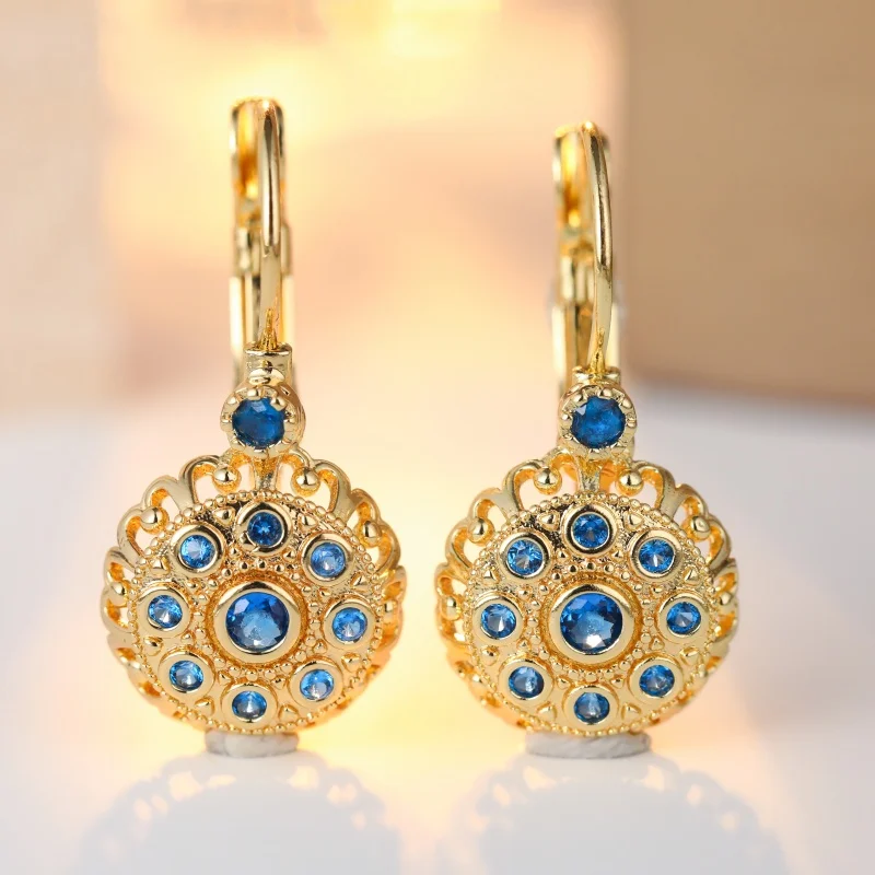 Trendy Inlaid Blue CZ Dangle Women's Earrings Golden Color Geometry Anniversary Gift Jewelry