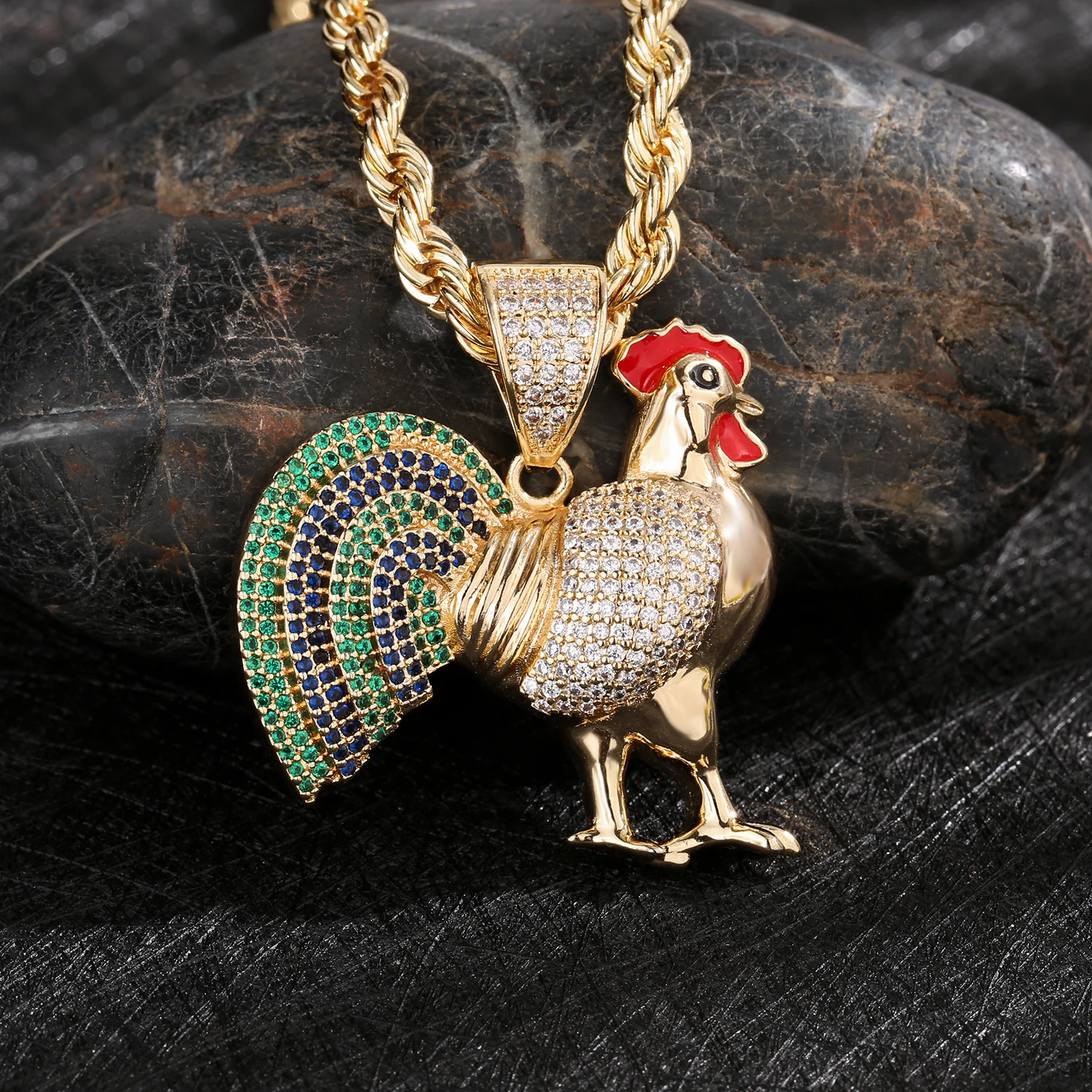 Original Fashion Gallic Rooster Charm High grade Copper Material Zirconia Inlaid Necklace Couple Animal Fashion Pendant