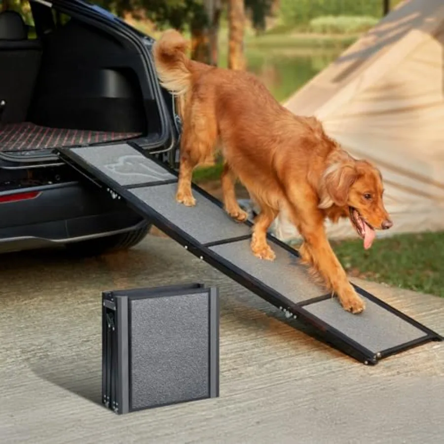 

Portable dog ramp for SUV/truck use, aluminum alloy construction, black color, non-slip rug surface, 63 long × 19.7 wide, suppo