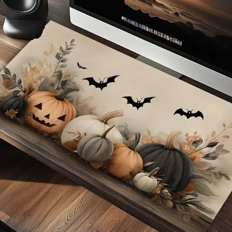 

Vintage Halloween Pumpkin Desk Mat Bat Floral Autumn Mousepad Spooky Fall Office Decor Witchy Playmat Gaming Accessories setup