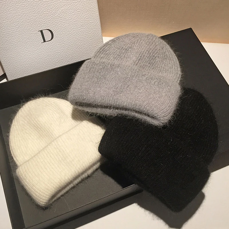 Rabbit Fur Beanies Soft Warm Fluffy Winter Hat for Women Angora Knitted Hat Skullies Beanies Female Bonnet Woman Knit Cap