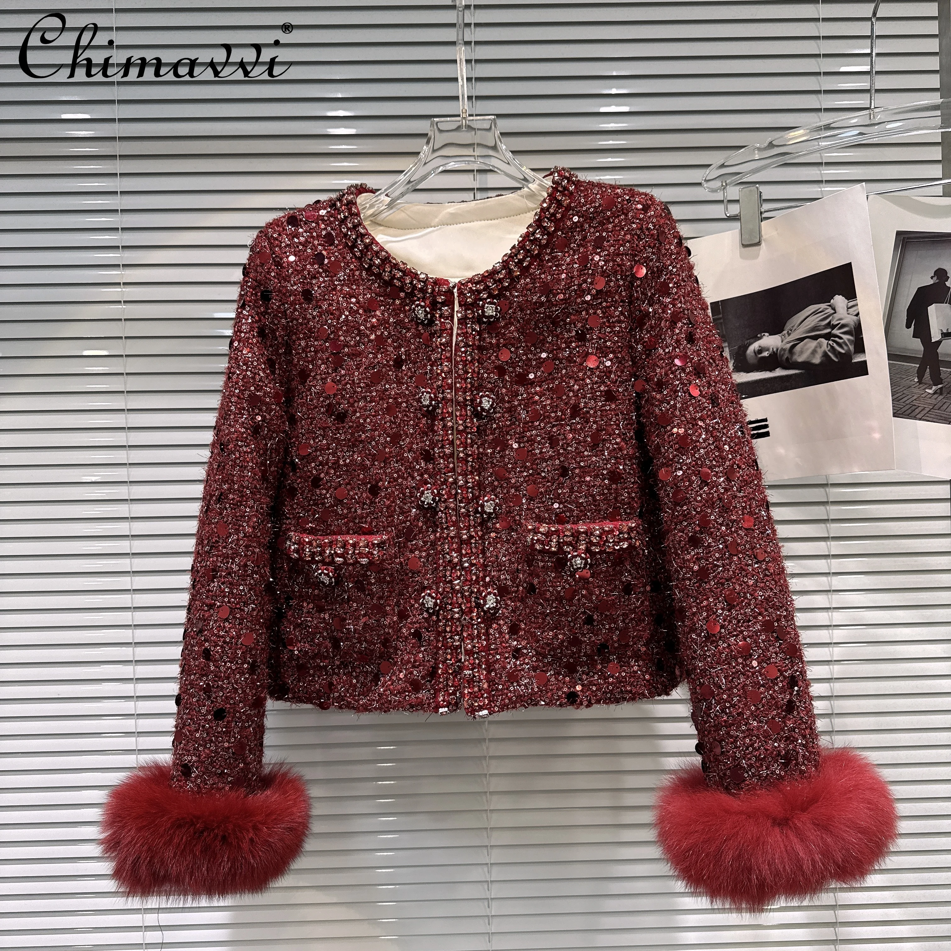 

French Fashion Elegant Socialite Down Coats Sequins Fox Fur Long Sleeve Single-Breasted Versatile Short Jackets for Women Winter