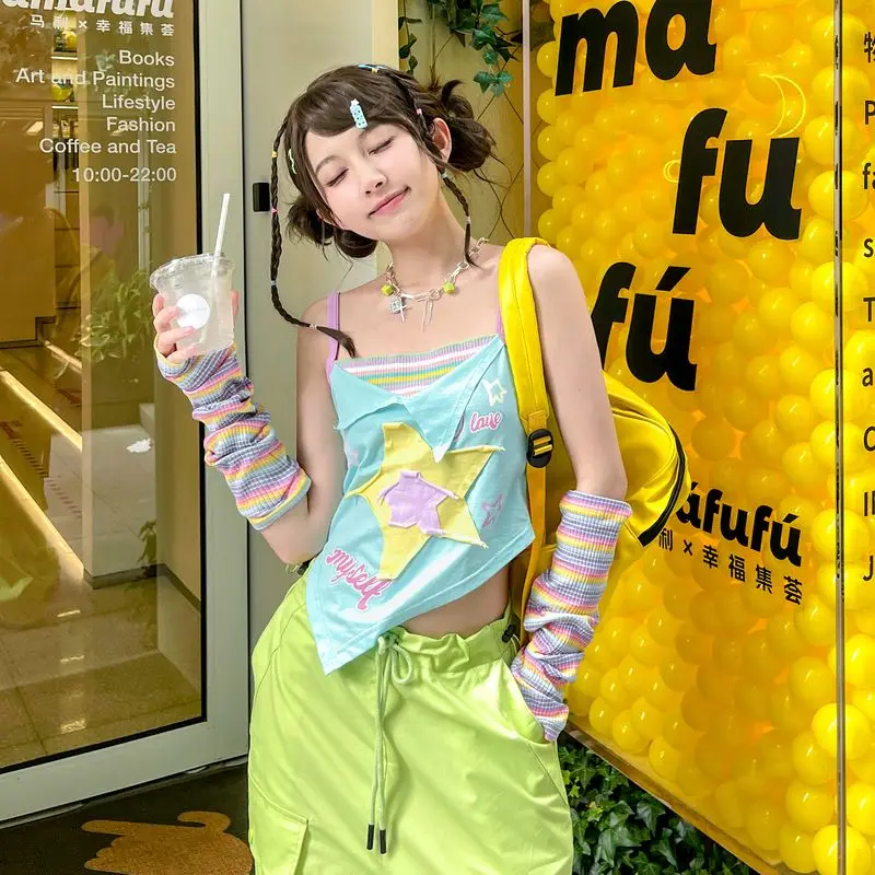 Fake Two Pieces Contrast Color Tank Top Bow Letter Star Patchwork Slim Tops Sweet Y2k Aesthetic Casual Fashion All Match Camis