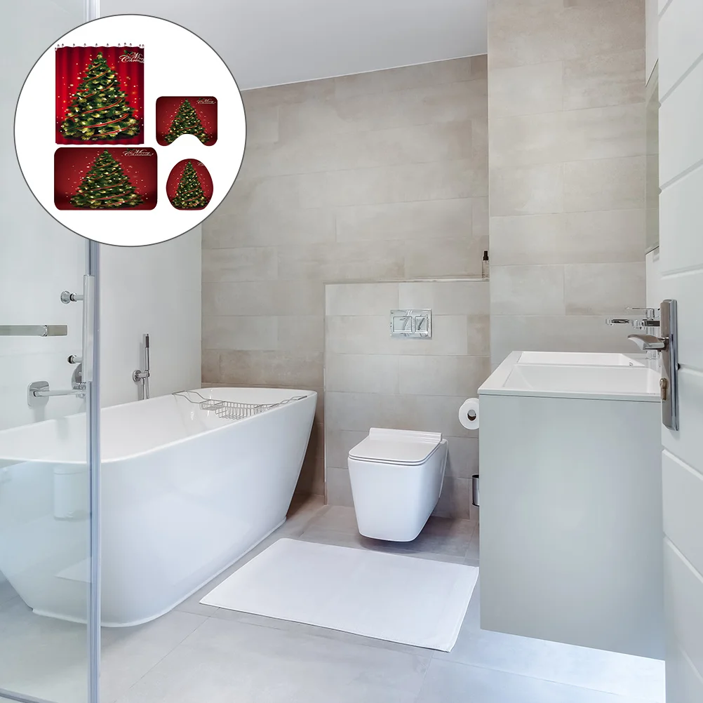 

1Set Christmas Bathroom Floor Mat Set Red Anti-Skid Pedestal Rug Toilet Lid Cover Festival Bath Mat Machine Washable