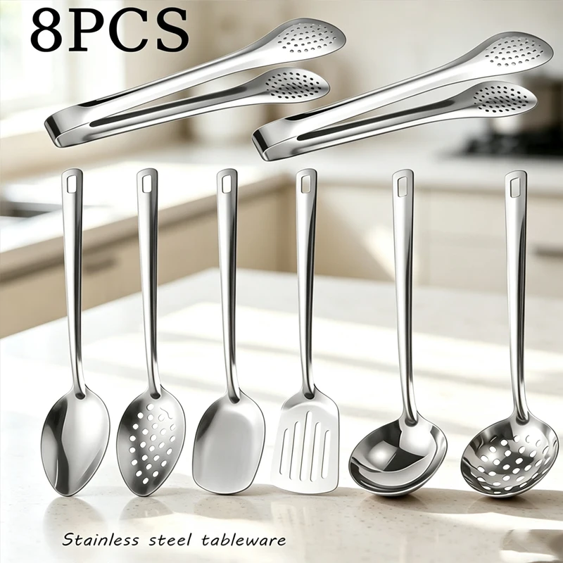 8pcs Stainless Steel Square Handle Tableware, Multifunctional Public Serving Spoon and Barbecue Clip, Used for Self-Help Party.