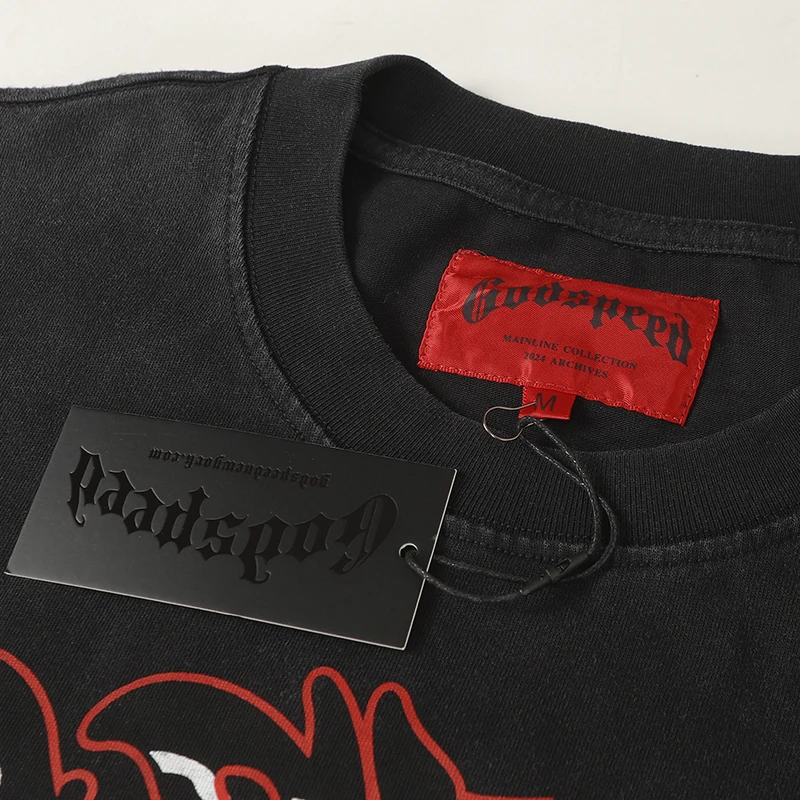 Vintage gewassen Godspeed T-shirts met lange mouwen Rock Roll Tee Skull Racing Driver Print losse streetwear tops heren dames