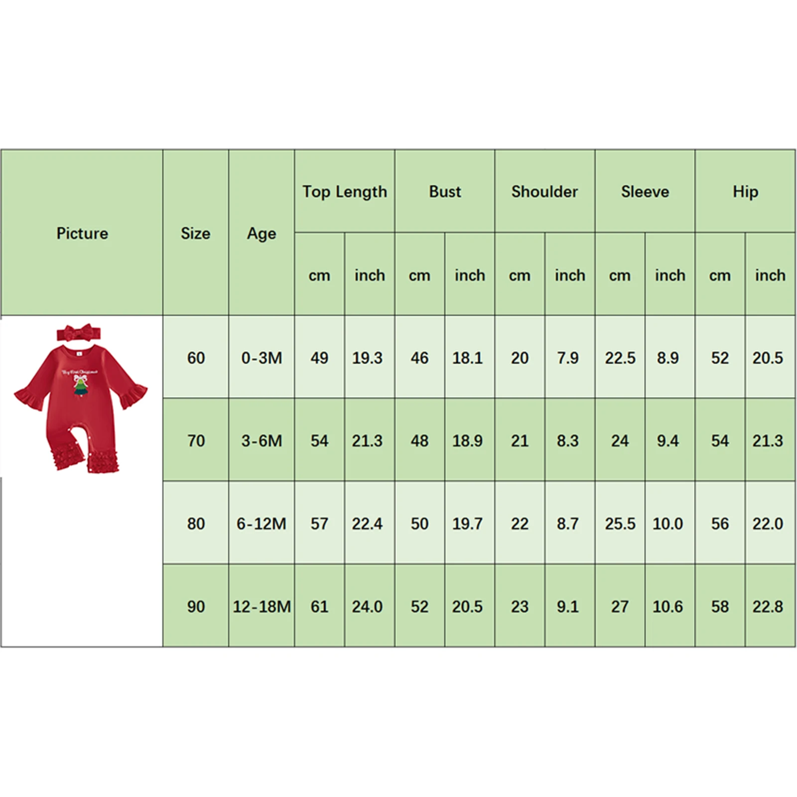 Baby Girl 2Pcs Christmas Outfits Long Sleeve Tree Embroidery Ruffle Jumpsuit with Headband Set Newborn Clothes