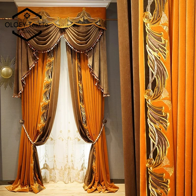 

Luxury European Orange Embroidery High End Blackout Curtainss for Living Room Bedroom American Villa Balcony Window Drapes