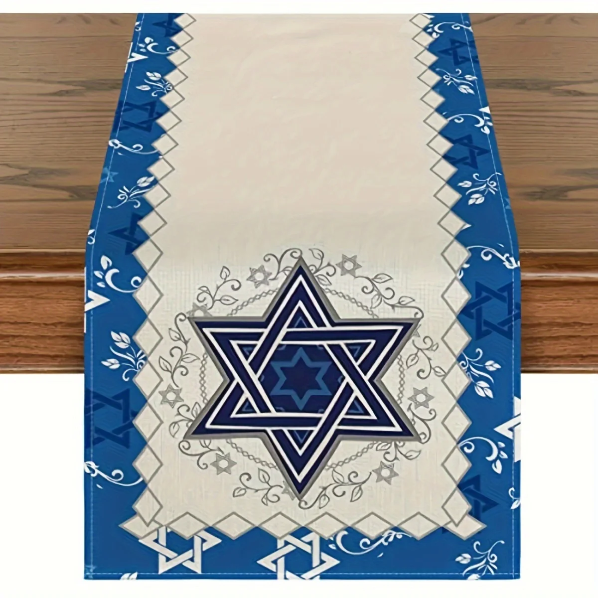 Hanukkah Hexagram Linen Table Runner Jewish Holiday Decor Chanukah Menorah Star of David Dining Table Runner Hanukkah Decoration