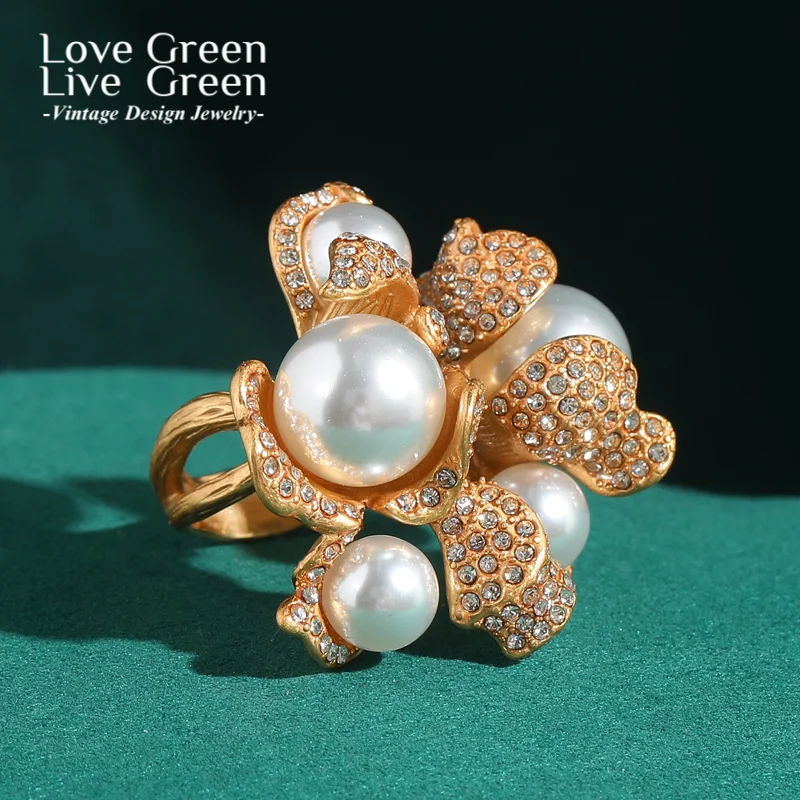 

Vintage Pearl Garland Unique For Woman Large Rings Gold Color Rhinestone Quality Luxury Designer 2025 Gifts Thanksgiving Party