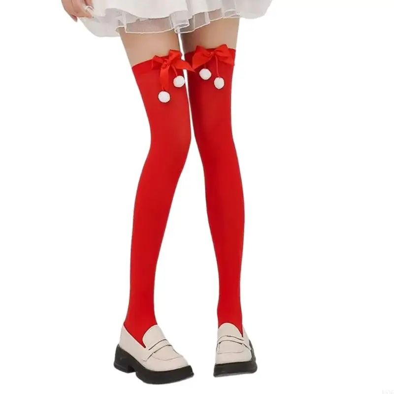 L5YC altas hasta muslo rojas para mujer con lazo, navideñas por encima rodilla, disfraces Halloween,