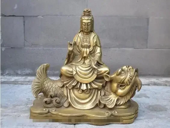 Tibet Buddhism Brass Copper Guan Yin Ride on Dragon Fish Goddess Boddhisattva