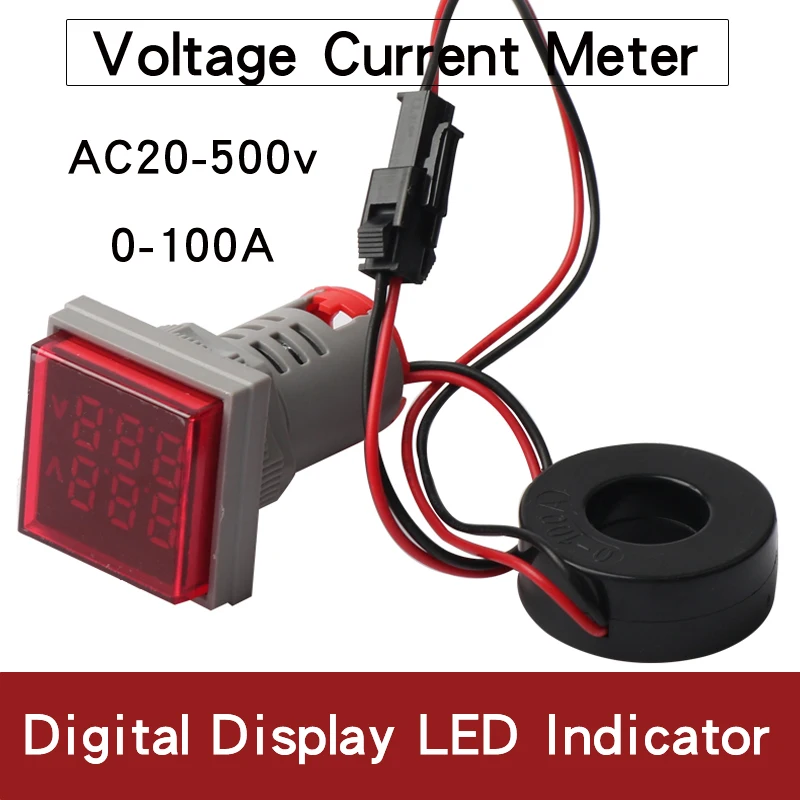 

Square LED Digital Voltmeter Ammeter AD16-22VAMS AC50-500V 22mm 2-100A Dual Display Signal Lights Car Volt Amp Tester Detector