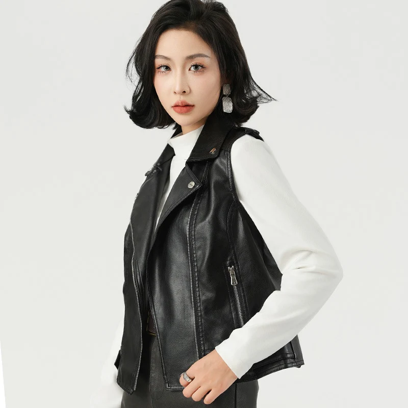 Fashion Suit Collar PU Leather Vest New Versatile Spot Delivery European American Zipper Design Style Women's Turn-down Jacket