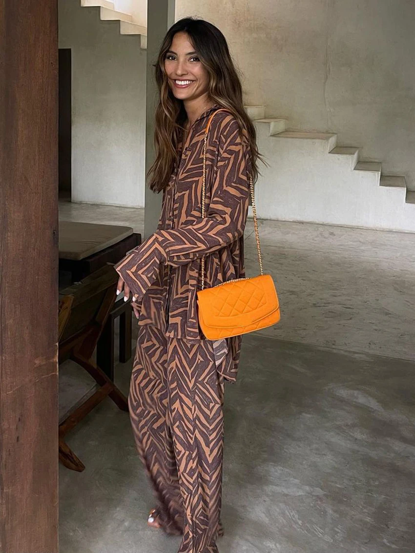 Marthaqiqi Printing Ladies Nightgowns Set Long Sleeve Nightwear Sexy Turn-Down Collar Pajamas Pants Casual Female Sleepwear Suit