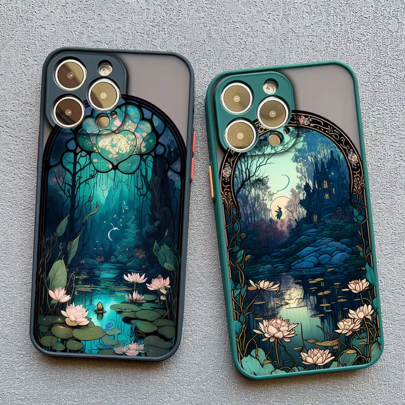 Chinese style Lotus Flower Pond Phone Case For Iphone 14 Pro 15 Pro Max Plus 11 12 13 Mini Pro Max XR XS X 7 8 Plus Cover Fundas