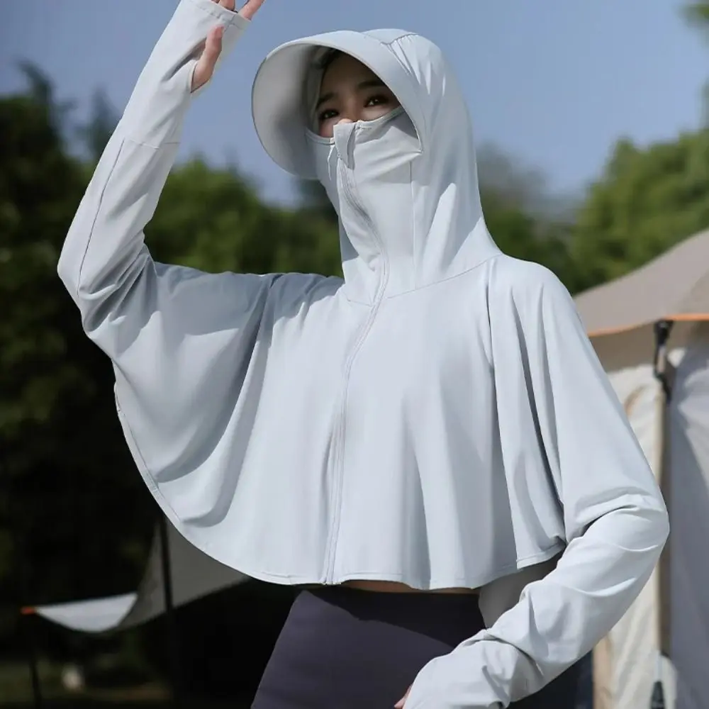 Fashion Solid Color Sunscreen Hoodie Long Sleeve Thin Summer Sunscreen Shawl Cloak Crop Top Ice Silk Short Jacket Girl
