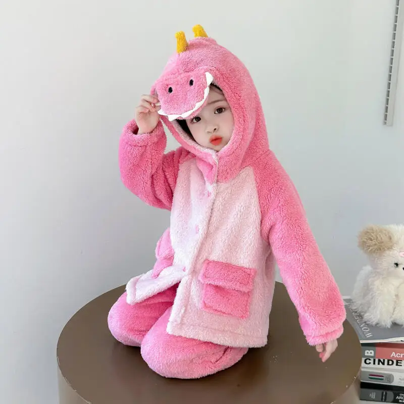 

Kawaii Girl Fashion Thicken Dinosaur Pajama Set Student Winter Cartoon Casual Keep Warm Homewear 2-Piece Set Children's Clothing