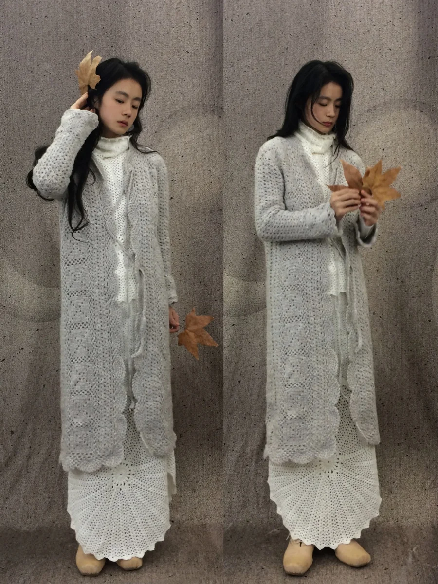 

uowang Handmade Wool Blend Long Open Cardigan Knitted Sweater Mid-Length Women's Faion Autumn Season Premium Quali