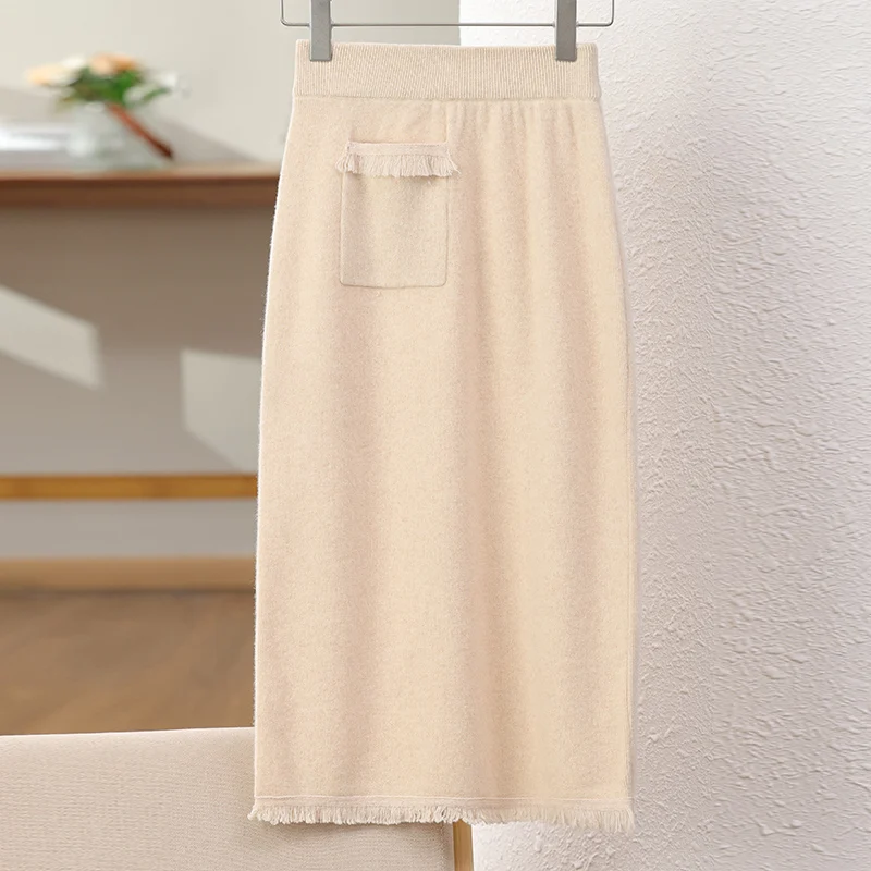 

ATTYYWS New Women's 100% Australian Wool Half Skirt Solid Color Fashion Knitted Slimming Long Women's Half Skirt 2024 Hot Sale