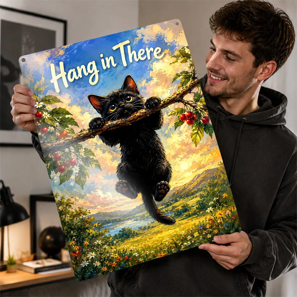 Hang in There Black Kitten Poster Cute Wall Art Personalized Vintage Metal Tin Sign for Farmhouse Kitchen Cafe Bathroom Plaque