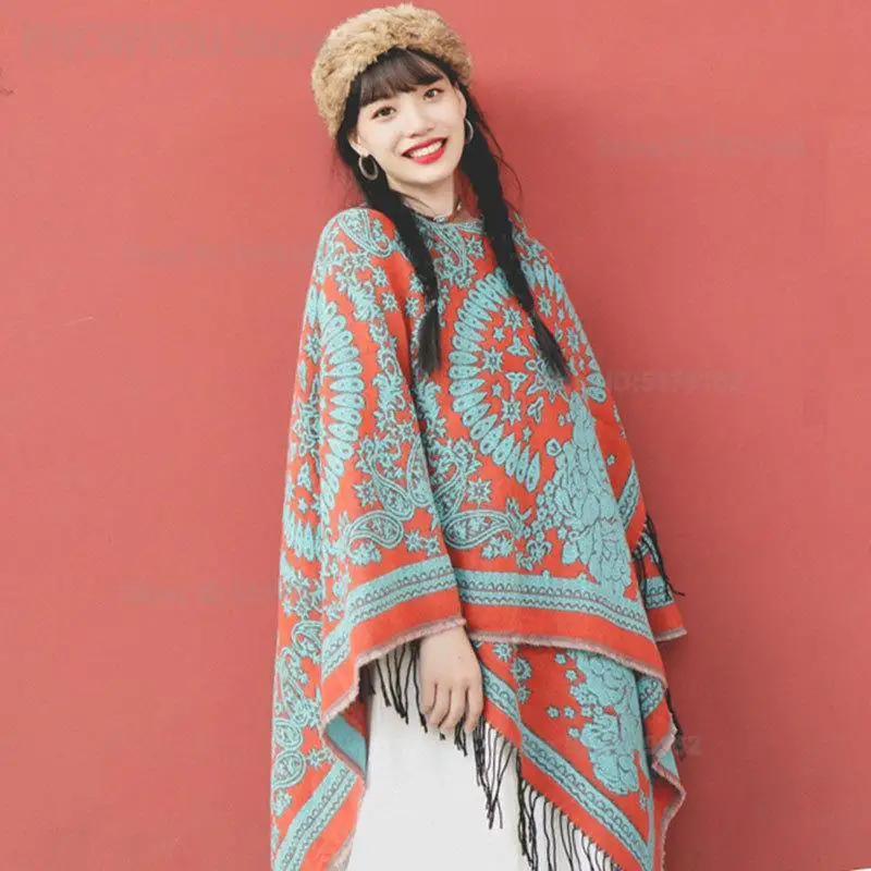 Ethnic Style Faux Cashmere Shawl Thick Warm Cape Cloak Women Yunnan Travel Large Scarf Winter Air Conditioning Blanket Wrap