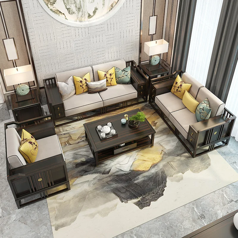 New Chinese-style Solid Wood Sofa, Living Room Sofa with Storage Function, 1-2-3 Piece Set, Home and Apartment Hotel Furniture.