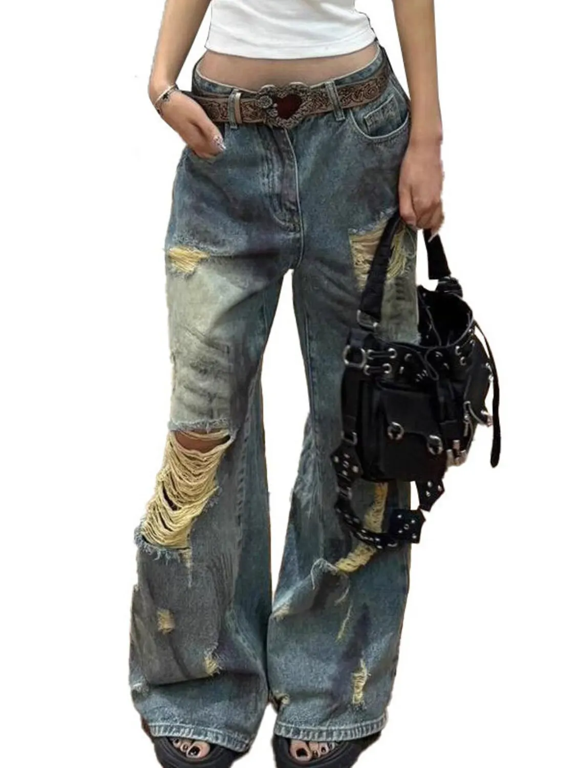 

Women's Light Blue Distressed Wide Leg Jeans High Waist Heavy Ripped Vintage Y2K Baggy Denim Pants