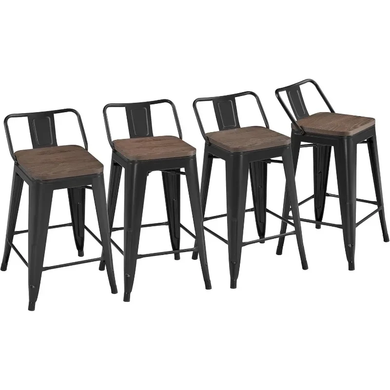 24'' Metal Bar Stool 4PCS Low Back Conuter Stools for Indoor/Outdoor Barstools Metal Black Stools Bar Chairs w/Wooden Seat