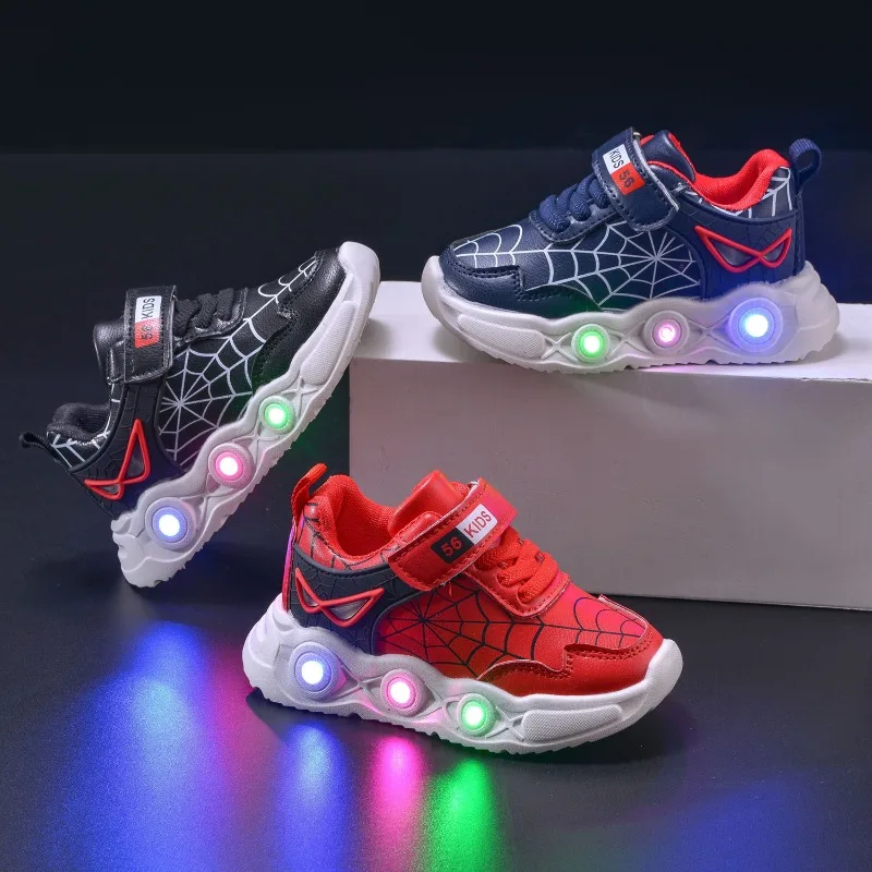 

Spring and Autumn New Light Kids Leather Surface Spider Web LED Light Sports Children's Shoes Small Boys Leisure Sports Shoes