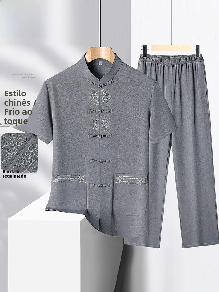 アイスシルク半袖太極拳服カジュアル朝練木製ダック中年男性用新中国風唐服セット