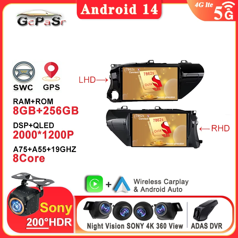 

Android Car 14 For Toyota Hilux Revo LHD 2015 - 2020 Stereo Head Unit High-performance CPU No 2din DVD HDR Auto Radio DashCam