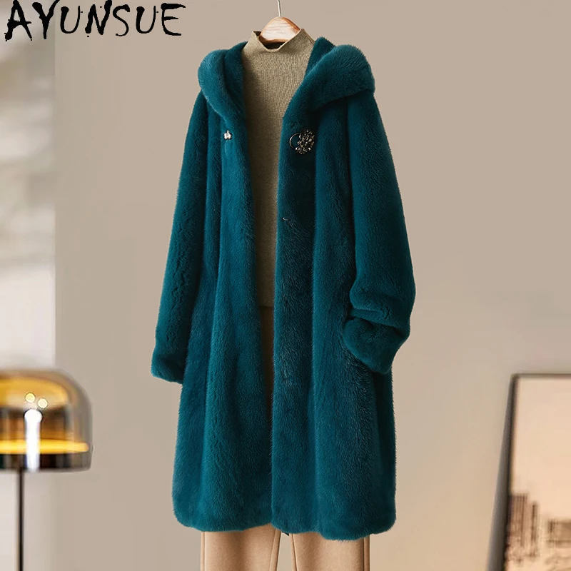 

AYUNSUE Natural Fur Coat for Woman Mid Length Peacock Blue Clothes Woman Winter Coats Casual Style Woman Clothing Ropa Mujer