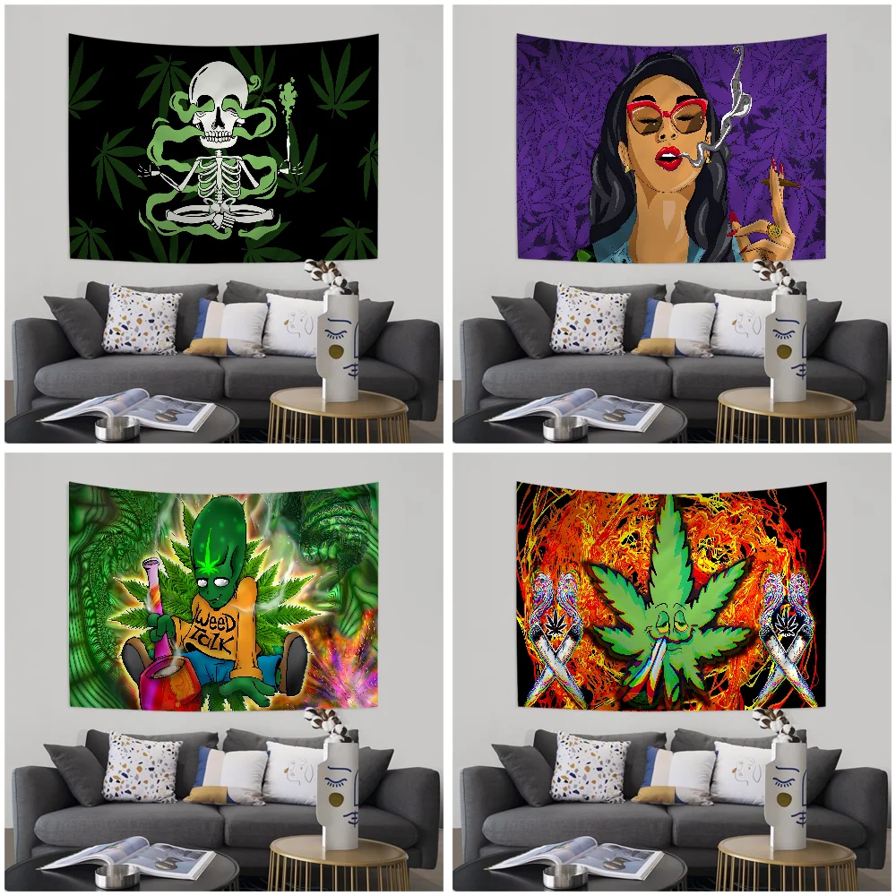 

Maple Weed Plants Green Death Skull Cartoon Tapestry For Living Room Home Dorm Decor INS Home Decor