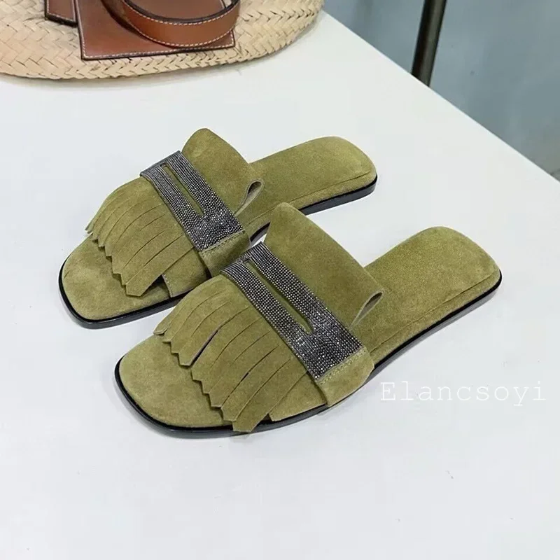 Metal String Bead Decor Kid Suede Tassels Flat Bottom Slippers Women Open Toe Lazy Sandals Ladies Summer Outdoor Vacation Shoes view 3