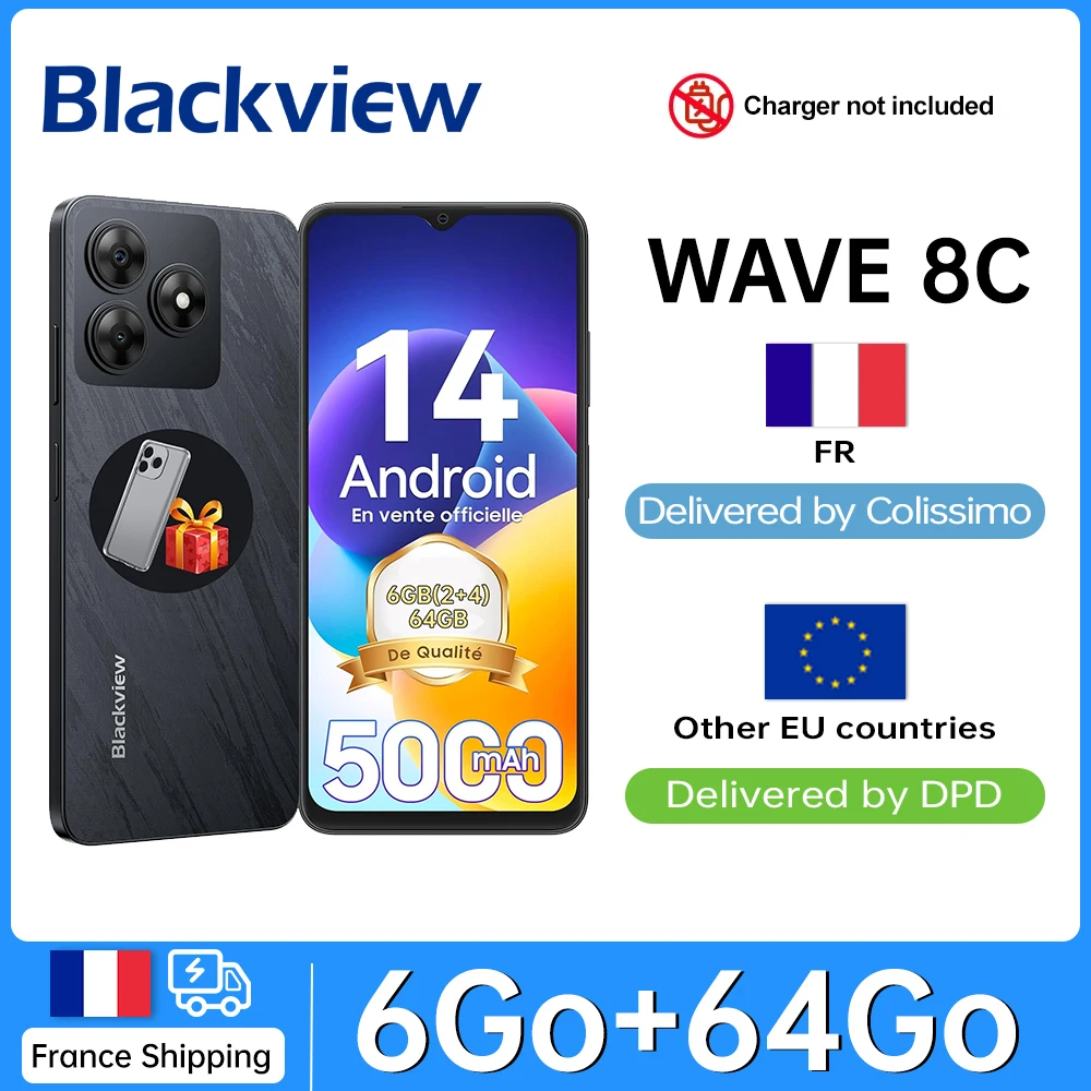 هاتف BLACKVIEW WAVE 8C [بدون شاحن الاتحاد الأوروبي] هاتف محمول 6 جيجابايت (2+4) 64 جيجابايت/حتى 2 تيرابايت 4700 مللي أمبير في الساعة 13 ميجابكسل 4G ثنائي الشريحة Android 14 هاتف ذكي
