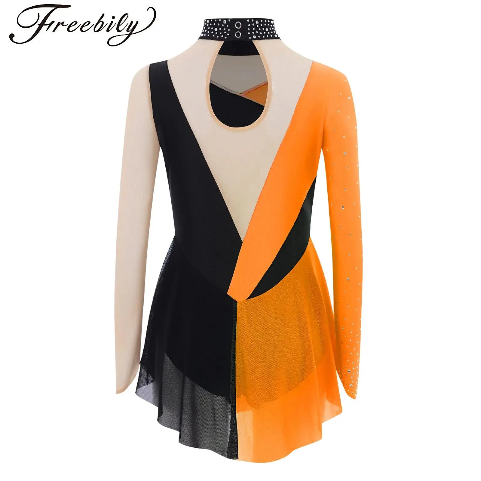 

Kids Girls Figure Skating Dress Long Sleeve Sheer Mesh Gymnastics Ballet Leotard Sparkly Rhinestone Rhythmic Dance Bodysuit