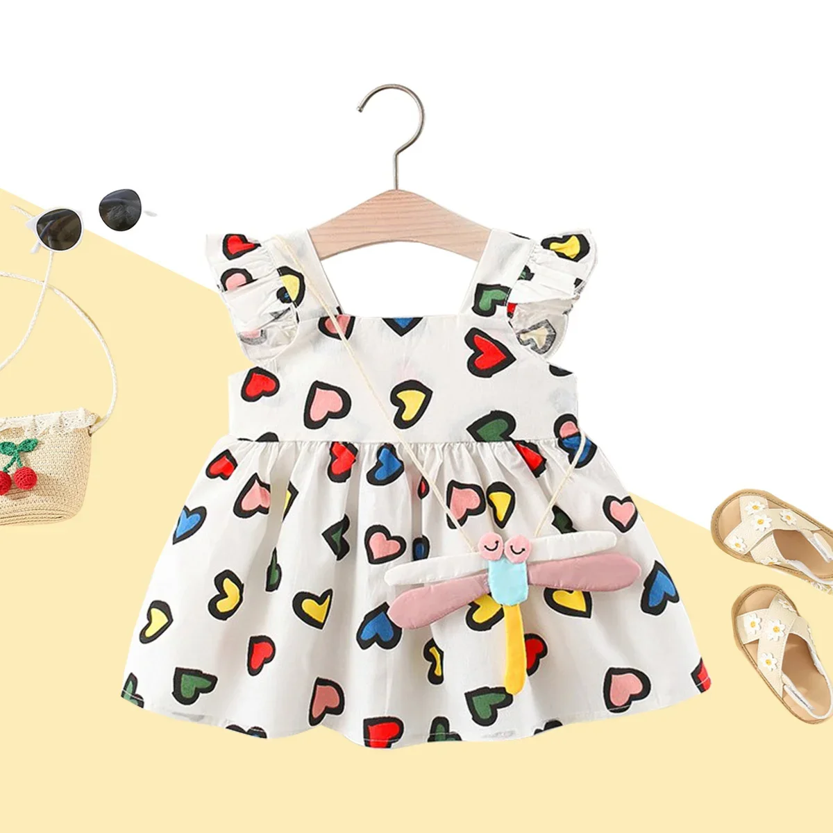 

2 Pcs Summer Beach Girl Dress With Heart-Shaped Printed Fly Sleeves Cotton Dress And Dragonfly Pendant Decoration