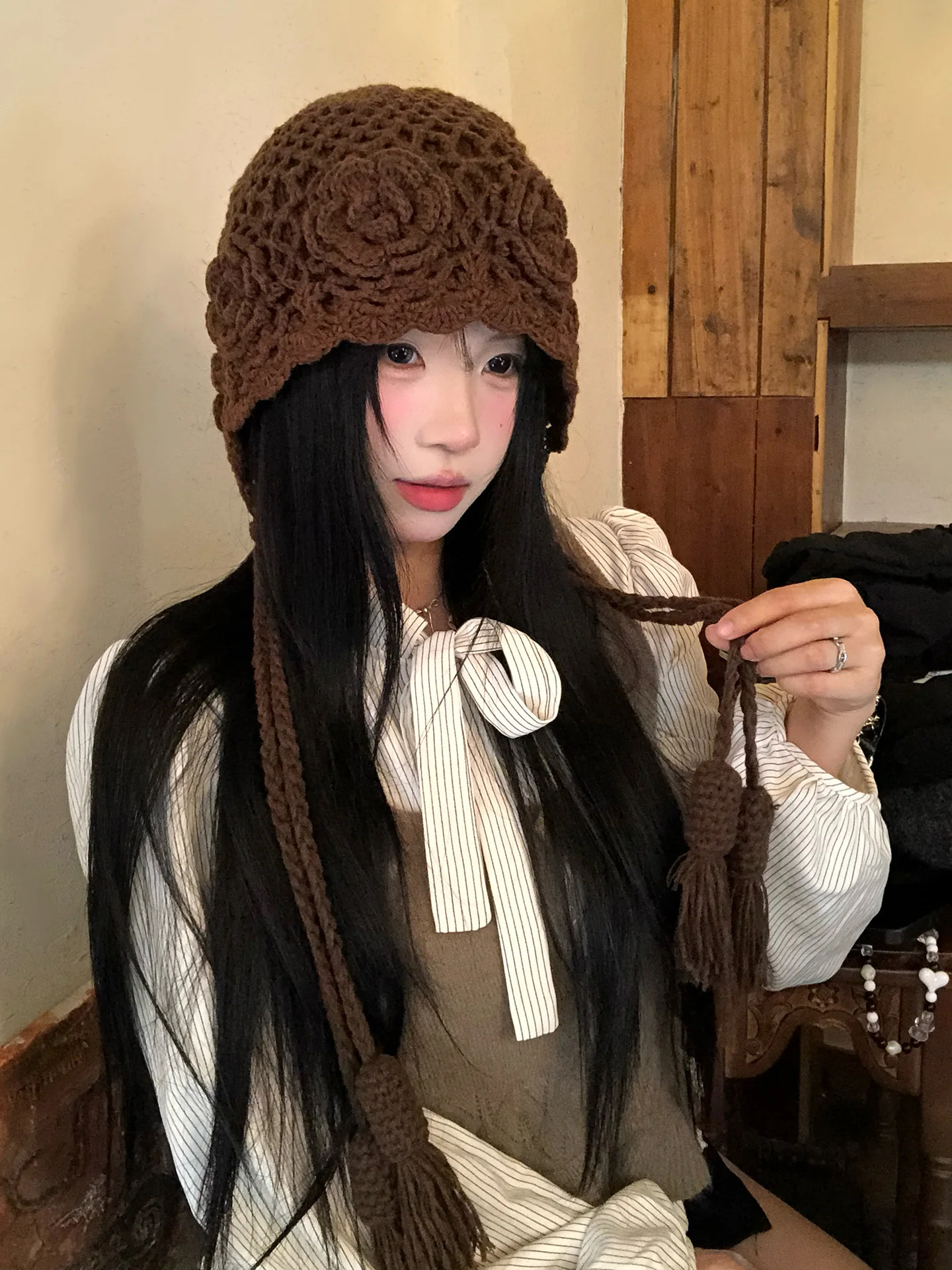 Hand-Knitted Furry Tassel Knit Wool Cap Women's Autumn Winter Travel Warm Ear Protection Belted Wrap Head Hat Casual Style