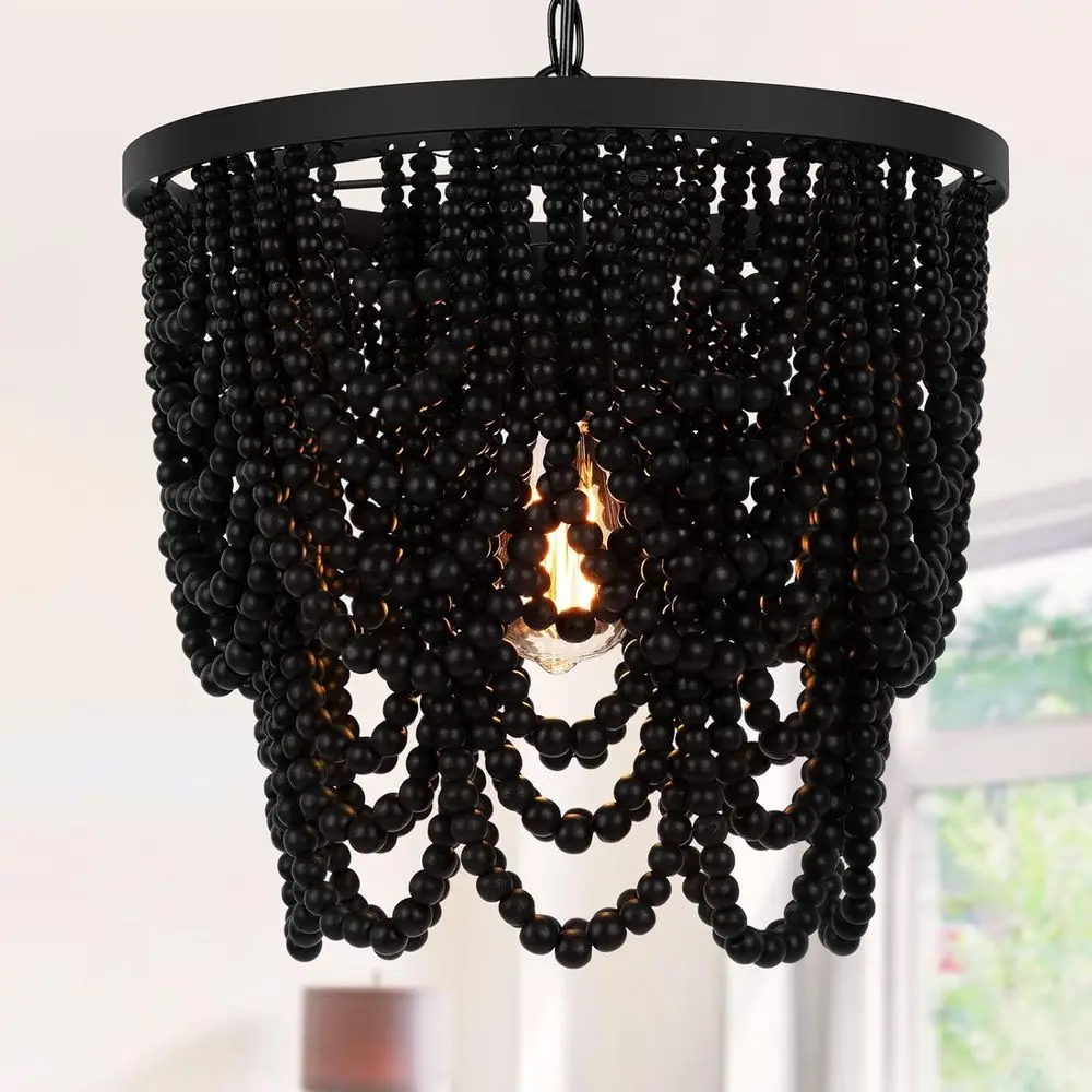 

Подвесной светильник Boho Beaded Chlier 15 дюймов с деревянными бусинами, полузатеняющий, настенный, черный, регулируемый по высоте, 2 уровня, в античном деревенском стиле, для гостиной