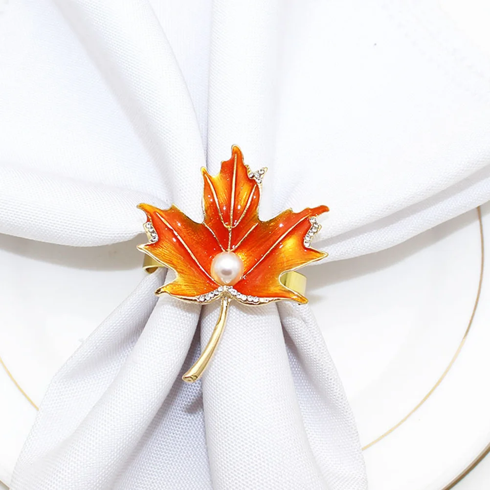 

4Pcs Autumn Leaf Napkin Rings Metal Fall Table Napkin Holders Elegant Rhinestone Pearl Decor for Holiday Dinner Wedding