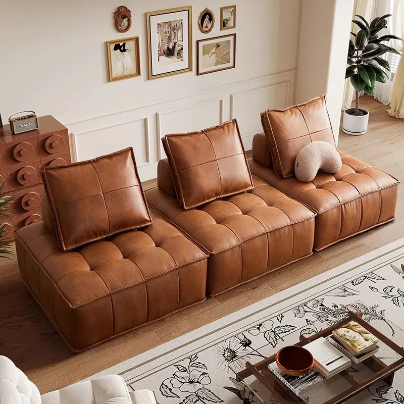 French retro leather art sofa leather straight row living room antique creative oil wax cloth sofa