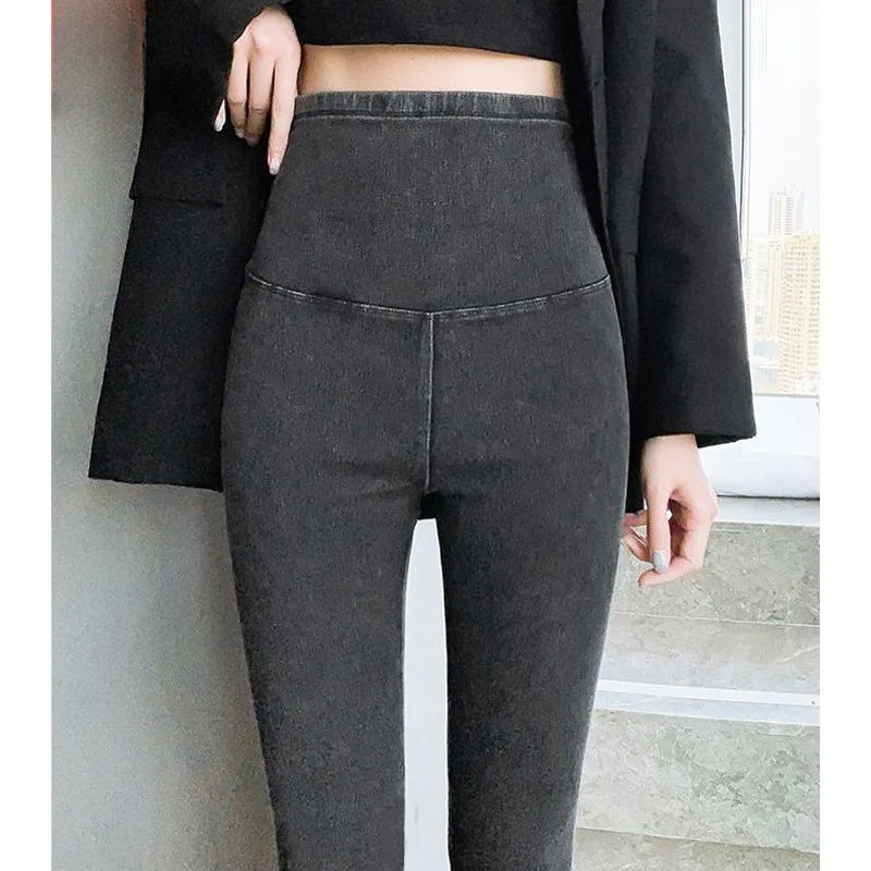 Jeans women with fleece outerwear leggings stretch tight slimming tummy tightening buttock lifting high-waisted small-leg pants