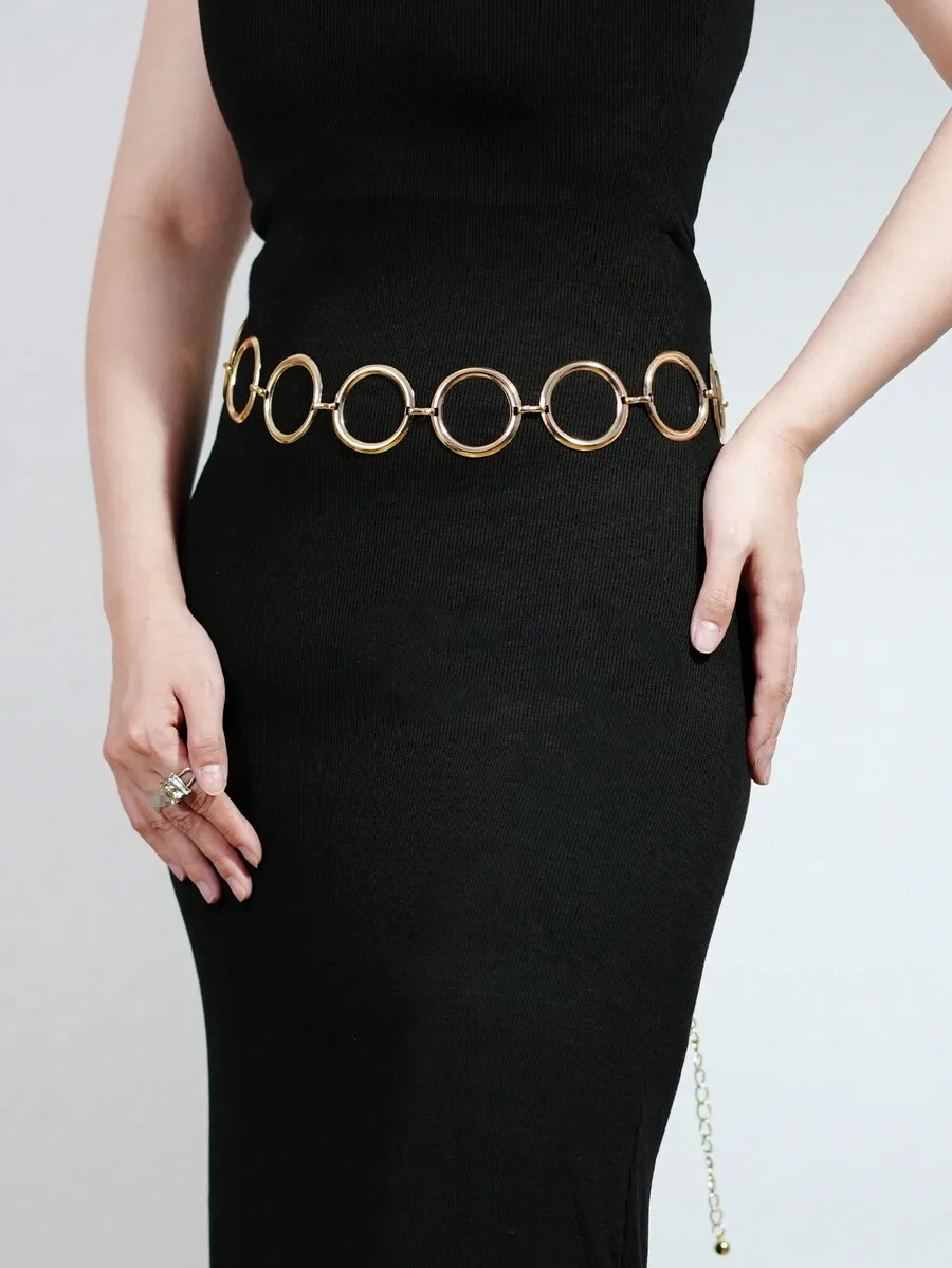 1pc Women's Shiny Metallic Gold Waist Chain, Versatile Retro Body Chain Waist Belt With Round Ring, Suitable For Daily Wear, Par view 4