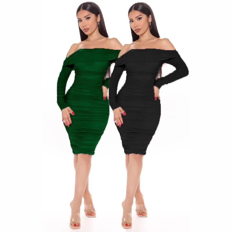Women's sexy long sleeved tight fitting dress, fashionable slanted neck chiffon, high-quality banquet dress