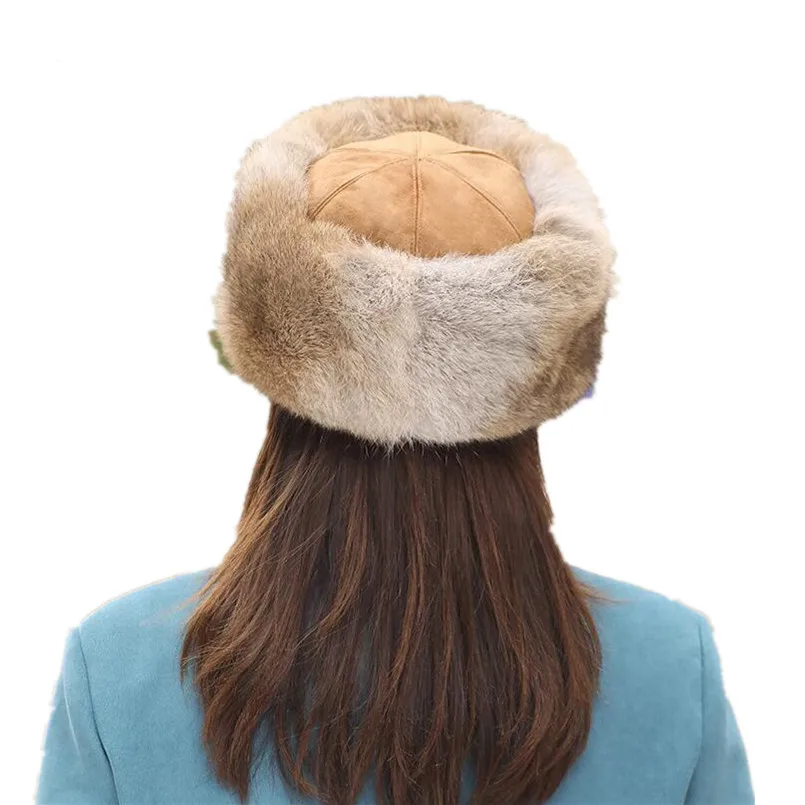 Russian Hat for Women Real Rabbit Fur Hat Winter Female Outdoor Warm Fluffy Beanies Hat Snow Bucket Cap Fashion Ushanka