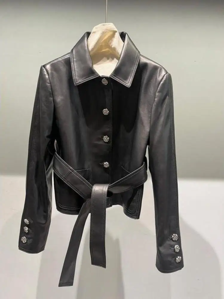 2026 Autumn Women's New Dark-style Short Leather Jacket With Lapel, Waist-cinching, Slimming, Versatile Lace-up Design