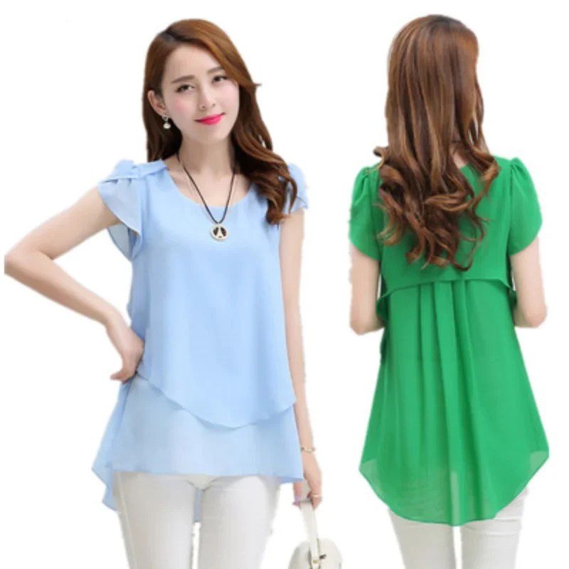 Damen Kurzarm Chiffon Bluse Schößchen Sommer Tops Damen Lange Büro Shirts Rüschen Bluse Femme 4XL 5XL